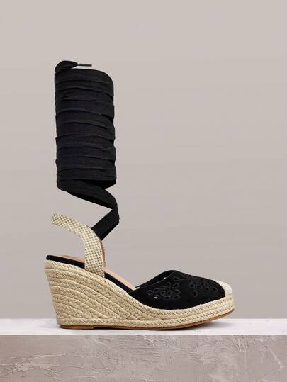 Styleloop Women Shoes Fashion Round Toe Wedge Heel Platform Black Embroidered Lace-Up Comfortable And Breathable Casual Hemp Rope Wedge Heel Women's Shoes Daily Commuter Simple Vacation Travel Pastoral Bohemian Music Festival Wear Women's Shoes Sandals