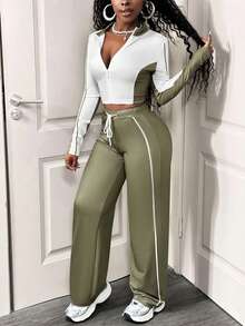 SHEIN BamGlam 女款休閒兩件套，拼色設計，長袖拉鍊外套與抽繩長褲，適合秋季女裝夏季穿搭，女款兩件套服裝套裝，休閒女裝套裝 - 軍綠色 - 查看 7