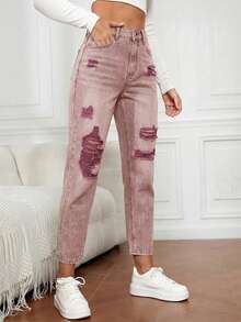 SHEIN FlexDen Quần jean denim nữ dáng rộng, rách rưới, túi xéo. - Cà phê nâu - Xem 6