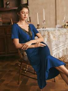 Áo ngủ nữ lãng mạn, gợi cảm, thanh lịch, phối ren, xuyên thấu, ôm sát cơ thể, vạt đuôi cá. - Màu xanh lam - Xem 1