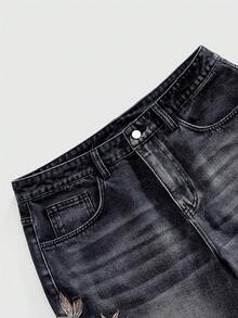 ROMWE MEN Street Life Men's Animal & Plant Embroidery Slant Pocket Casual Denim Shorts - Black - View 3