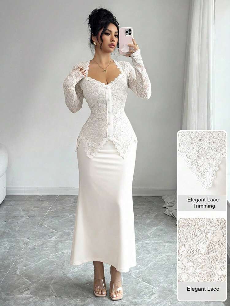 Modelyn Square Neck Lace Patchwork Button Waist Fitted Midi Dress For Women - White - View 1