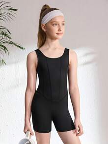 SHEIN 少女黑色极简高弹面料连体裤，无袖连体裤，适合学校、专业训练、芭蕾舞、体操、舞蹈工作室练习，四季皆宜。 - 黑色 - 查看 1