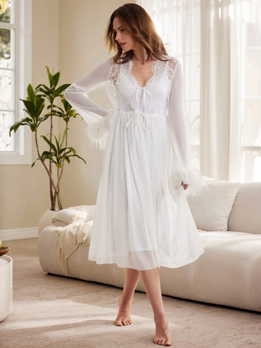 法式优雅成熟浪漫罗纹吊带连衣裙及网纱睡袍女士睡衣两件套 - 白色 - 查看 1