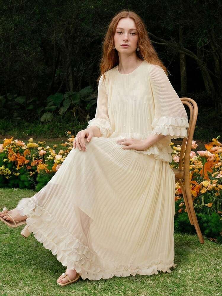 WOMEN'S ROMANTIC LACE TRIM ROUND NECK LONG SLEEVE BLOUSE, APRICOT COLOR, SPRING/SUMMER