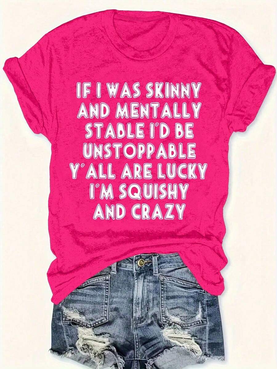 SHEIN LUNE 女士休闲标语字母图案夏季圆领T恤，图案T恤，女士上衣，穿着舒适 - 玫紅色 - 查看 1