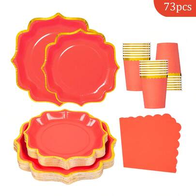 16 แขก จานกระดาษปั๊มร้อนสีแดงขอบใหญ่รูปดอกไม้สี่กลีบ, ผ้าเช็ดปาก, ถ้วยกระดาษ, ชุดอุปกรณ์ปาร์ตี้แบบใช้แล้วทิ้ง, เหมาะสำหรับวันเกิด, งานแต่งงาน, ปาร์ตี้ธีม, ปิกนิกครอบครัว, จานใช้แล้วทิ้ง, อุปกรณ์ปาร์ตี้