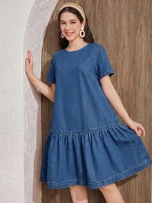 SHEIN Đầm denim xanh dáng rộng có dây rút dành cho thiếu nữ - Rửa tối - Xem 3