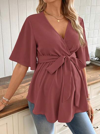 SHEIN Maternity Solid V-Neck Tie Waist Casual Versatile Daily Wear Shirt