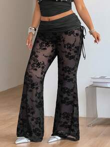 Coolane Pantalones negros de pierna acampanada con ajuste ceñido, estilo vintage, con cordón lateral, para mujer de talla grande, para primavera/verano - Negro - Ver 7