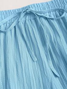 Sweetra Women's Romantic Tie-Front Asymmetric Hem Halter Top And High Waist Elastic Waist Textured Pants 2 Pieces Set - Blue - View 3