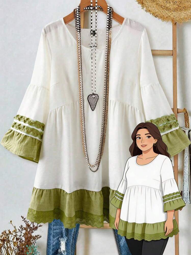 Plus Size Women Round Neck Color Block Pleated Casual Versatile Daily Wear Long Sleeve Shirt Boho Style Clothes Tunic Dresses For Women Boho Chic Women's Clothing Summer Outfits For Women Beach Outfit For Women Casual Vacation Outfits Women Country Concert Outfit Peplum