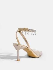 CUCCOO SZL Women Shoes Summer Pointed Slender Heel Champagne Transparent Film Rhinestone Chain Ankle Strap Open Toe Women's Sandals Sexy Fashion Gorgeous With Skirts Banquet Party Nightclub Women's High Heel Sandals - Champagne - View 3