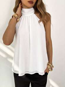 Aloruh Blusa de verano de cuello halter de unicolor casual para mujer - Blanco - Ver 7