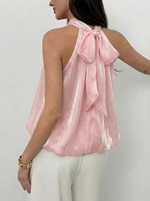 Aloruh 女士无袖高领露脐上衣，时尚优雅，系带设计，夏季 - 粉色 - 查看 2