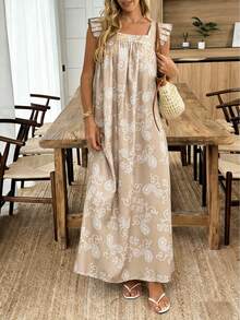 Louniche Đầm dài dáng rộng cho nữ, họa tiết thời trang, tay bồng, kiểu dáng thường ngày thoải mái cho kỳ nghỉ hè, đa năng cho cả mặc hàng ngày và đi chơi. - Màu Khaki - Xem 5