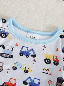 2-Piece Baby Boys Pajamas Set,White Cute Summer Night Loungewear,Construction Vehicle Print Short Sleeve Top&Long Pants,Soft Ribbed Knit Snug Fit Pjs - Light Grey - View 4