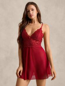 女士纯色蕾丝边网眼吊带性感睡衣睡裙 - 酒紅色 - 查看 5