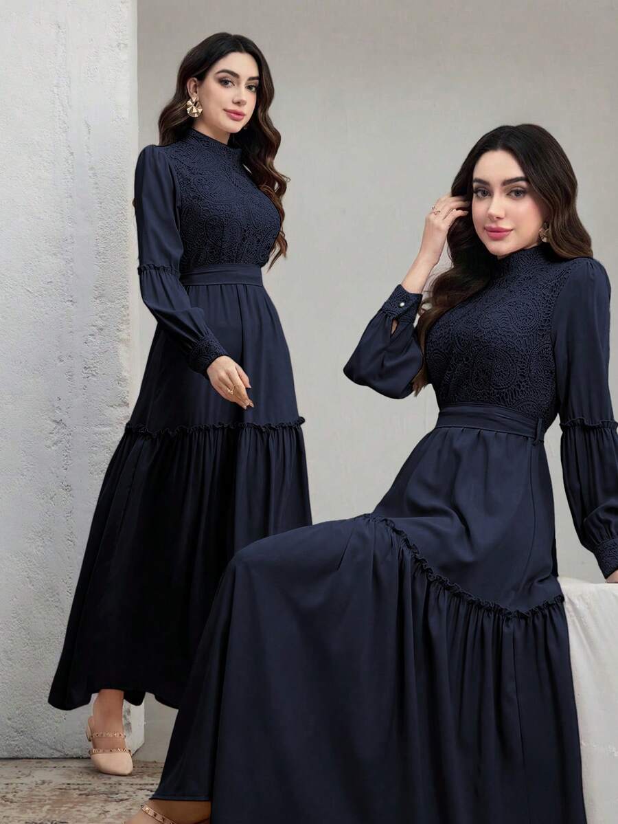 Graceveil Đầm ren phối màu trơn thanh lịch dành cho nữ, thích hợp mặc đi làm. - Màu xanh hải quân - Xem 1