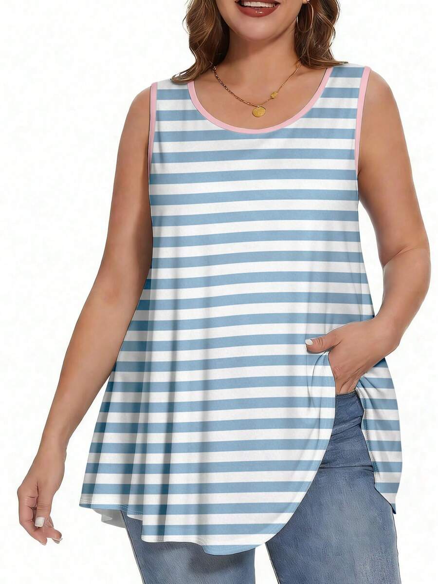 EMERY ROSE Striped Round-Neck Casual Vest, Plus Size Women's Vest, Summer Style - Multicolor - View 1