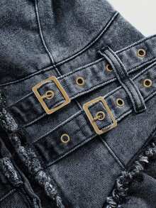 ROMWE Grunge Punk Spring/Summer Casual Y2K Distressed Washed Color Off-Shoulder Ruffle Hem Mini Denim Dress, Black - Blue - View 4