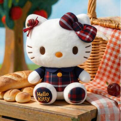 POKOJA LAND HELLO KITTY AND FRIENDS | 小猫毛绒玩具 - 身穿红蓝格子裙，系着蝴蝶结，表情可爱独特，采用聚酯纤维制成，是送给女孩朋友、孩子生日、感恩节、复活节和派对的完美礼物，也可作为沙发床面装饰。