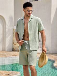 Mercer Haus 男士度假休闲纯色纽扣衬衫和短裤套装，男友礼物，舒适套装，适合夏季夏威夷热带度假。 - 薄荷綠 - 查看 6