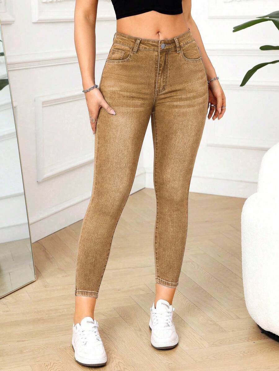 SHEIN PETITE Denim Slim Fit Lavado Casual - Castanho - Visão 1