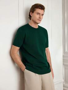 Officeau Suéter de punto de manga corta de unicolor informal para hombres, para primavera/verano - Verde Oscuro - Ver 5