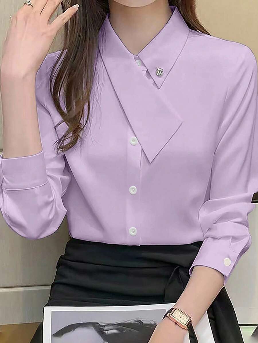 SHEIN Raffinéa Asymmetrical Collar Versatile Elegant Commuter Women T-Shirt - Mauve Purple - View 1