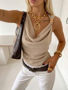 Firerie 女士不对称领口垂褶褶皱腰身衬衫，性感优雅的OL连体衣，肩部饰有金属纽扣，时尚，通勤，优雅，性感，度假，海滩，夏威夷，垂褶领口，夏季休闲外套 - 杏色 - 查看 1