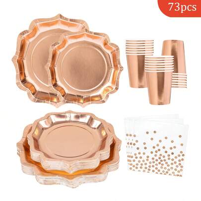 Rose Gold Square Petal Shaped Disposable Plates, Napkins, Paper Cups, Disposable Party Supplies Set, Suitable For 16 Guests, Suitable For Birthdays, Weddings, Theme Parties, Family Picnics, Disposable Plates, Party Utensils