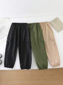 3件套男童休闲工装裤，带口袋和松紧裤脚，舒适透气，适合外出穿着，秋季必备。 - 彩色 - 查看 2