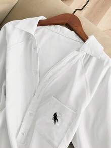 de mujer de unicolor, ajuste holgado, cuello en V, manga larga, con diseño bordado de caballero - Blanco - Ver 7
