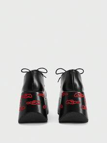 Sugerpunk Giày sandal cao gót nữ ~ Thời trang mới 2026 mùa xuân thu phong cách punk, giày đế xuồng mũi tròn bằng da PU màu tối, giày da nhỏ thêu họa tiết, giày cao gót kiểu Nhật Bản retro buộc dây. - màu đen - Xem 3