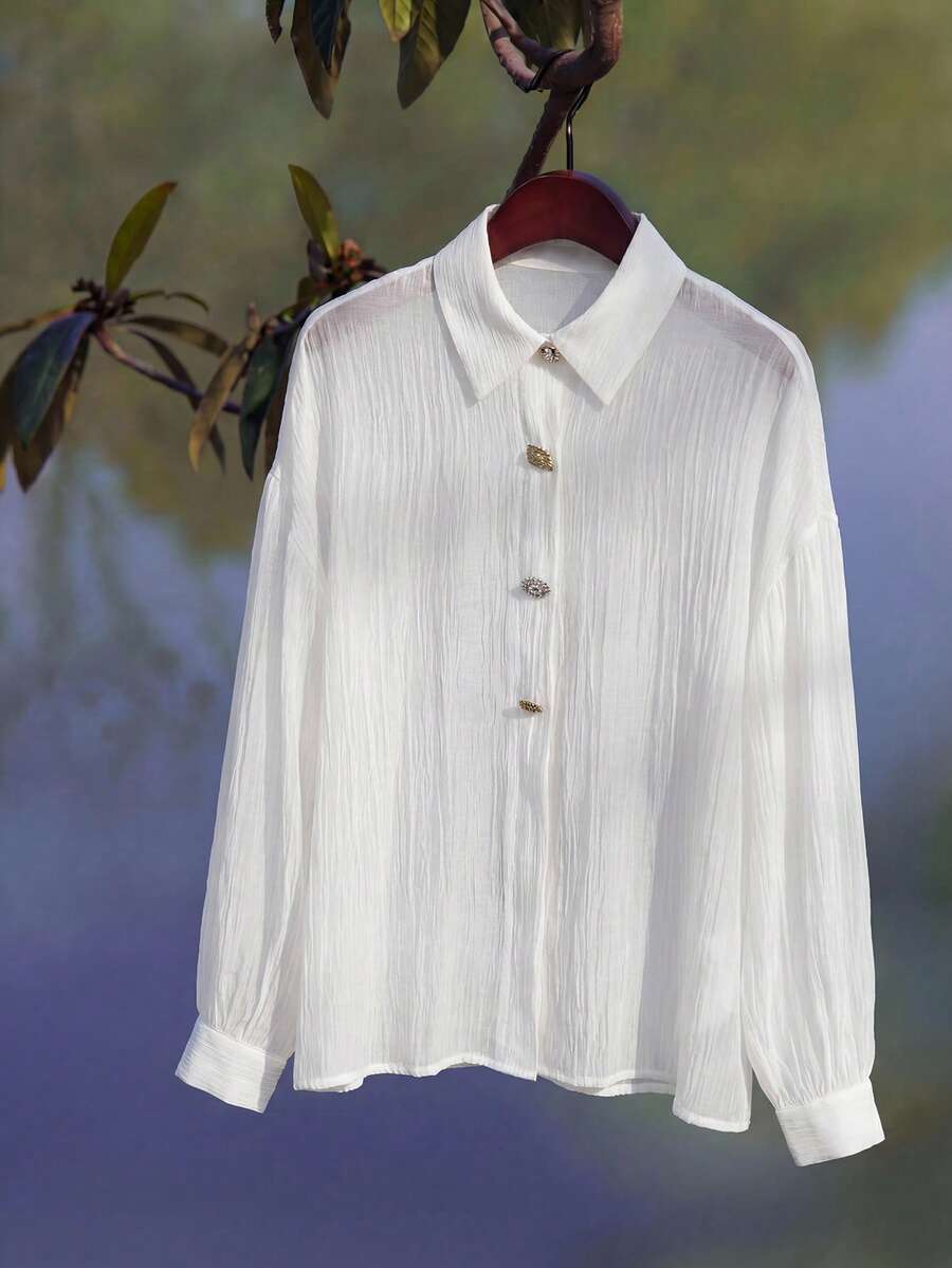 Zanirela Simple Artistic Collared Button Front Mid-Length Long Sleeve Shirt For Women Fall Cloth For Women - White - View 1