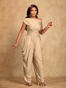 Brilight 女士优雅杏色不对称领口褶皱口袋结构松紧腰哈伦连体裤，垂褶细节高腰连体裤 - 卡其色 - 查看 6