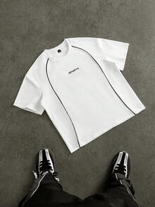 PAVTROS 男士春夏字母刺绣拼接短袖T恤，适合日常休闲穿着 - 白色 - 查看 2