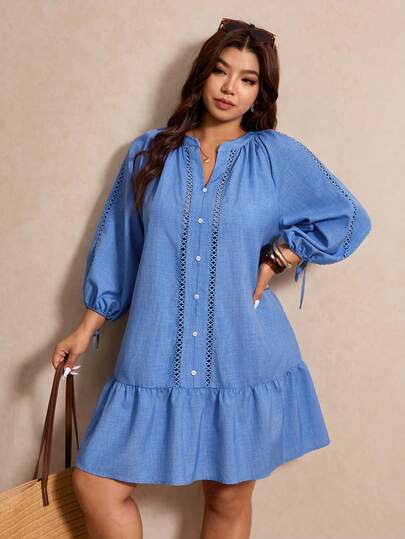 Elaquor Plus Size Casual Solid Color Notched Neck Dress