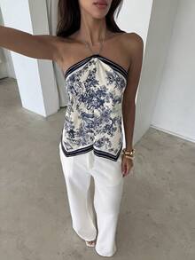 Aloruh 女士优雅扎染雪纺印花露背沙滩度假上衣 - 藏蓝色 - 查看 6