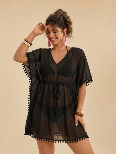 Travachic Große Größen Tiefausschnitt Zugband Taille Fledermausärmel Pompon Saum Strandkleid für den Sommer