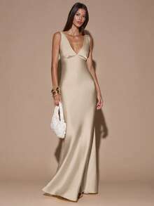 SHEIN BAE 性感简约纯色奶油黄深V领无袖露背系带鱼尾长裙，适合派对、鸡尾酒会、正式场合、伴娘、生日、圣诞节、商务休闲等场合。 - 卡其色 - 查看 4