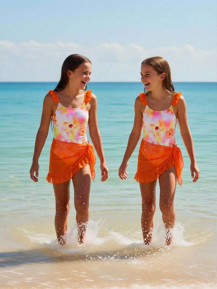 Tween Girls Floral Print One-Piece Swimsuit With Shoulder Strap & Ruffle Design, Comes With Ruffled Cover-Up Skirt, Suitable For Swimming, Vacation, Beach In Summer - Multicolor - View 1