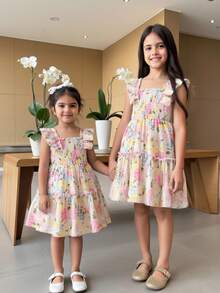 Elladie kids 少女彩色碎花修身中长连衣裙，适合墨西哥儿童节和夏季换季穿着。 - 彩色 - 查看 7