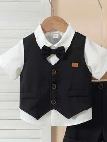 SHEIN Gentleman Boy's Set Sleeveless Vest&Solid Shorts Black And White,Summer,Formal,Wedding Guest Elegant Outfit For Birthday Party Christening Performance - Royal Blue - View 7