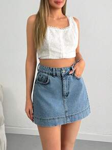 SHEIN Woman High Waist Denim Mini Casual Washed Blue Skirt Button Front - Light Wash - View 1
