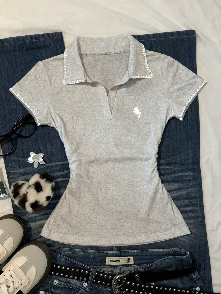 Glimmora T-shirt décontracté à manches courtes avec bordure contrastée pour femmes, été - Gris - Voir 1