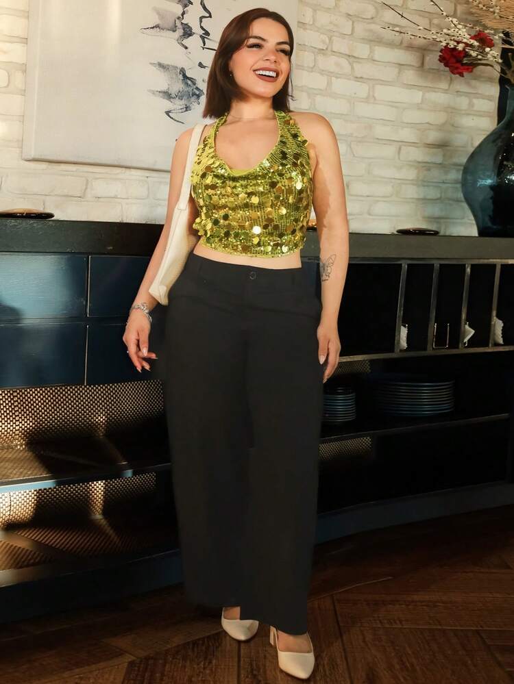 Lupita Cardoza 新款亮片绿色垂坠领口系带短款上衣，适合休闲、街头、度假、派对、秋冬 - 綠色 - 查看 4
