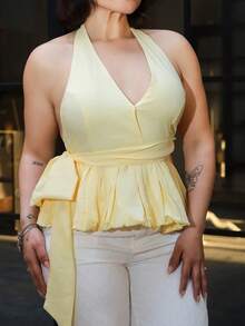 Lupita Cardoza 黄色露背泡泡下摆女式上衣，带超大蝴蝶结，约会上衣，度假上衣，野餐上衣，早午餐上衣，派对装，Y2K，抹胸，女士俱乐部装，露肩上衣，女士婚礼宾客装，可爱上衣，女士短款上衣，度假女士，波西米亚风女士，乡村音乐会，狂欢节，女士早午餐，海滩度假，欧洲夏季，可爱夏季上衣 - 黃色 - 查看 5