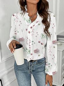 EMERY ROSE Women's Long Sleeve Floral Print Frill Trim Long Shirt - Multicolor - View 5